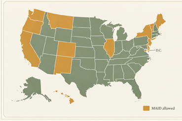 Map of U.S. jurisdictions where Medical Aid in Dying is allowed